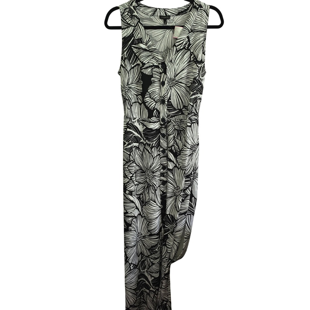 Talbots Maxi Dress Womens Medium Black White Floral Button Front Jersey Knit